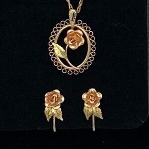 Vintage Krementz Rose Filigree Necklace & Screw Back Earrings Set Gold Overlay